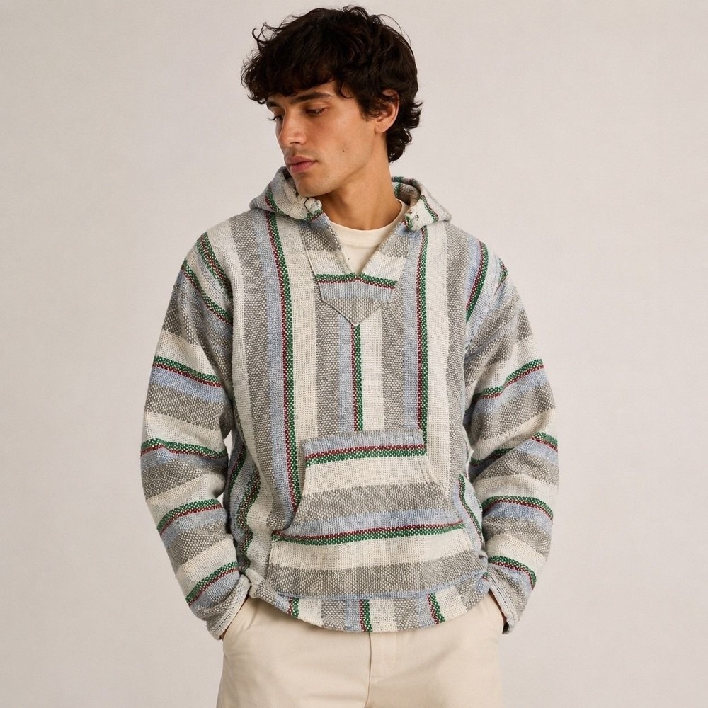 Baja Hoodie Mexican Blanket Drug Rug Striped Pullover Surf Boho Size S